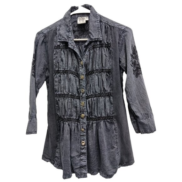 Parsley & Sage BOHO Top Womens Small Blue Chambray Embroidered Wearable Art - Picture 1 of 11